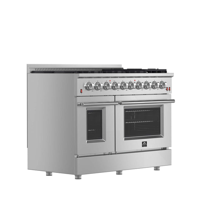 FORNO Galiano 48-inch Gas Range Stainless Steel, 8 Burners, 107,000 BTU, Griddle, 6.58 cu.ft. Double Oven