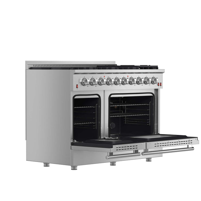 FORNO Galiano 48-inch Gas Range Stainless Steel, 8 Burners, 107,000 BTU, Griddle, 6.58 cu.ft. Double Oven