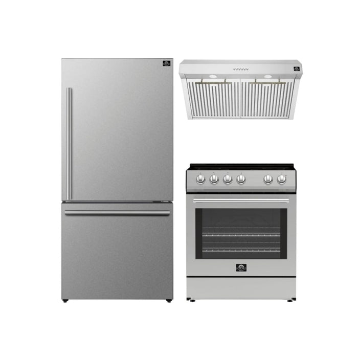 FORNO Premium 3-Piece Kitchen Bundle - Leonardo Espresso 30" Stainless Steel Range, 31" Stainless Steel Bottom Freezer Refrigerator, 30" Stainless Steel Under Cabinet Range Hood