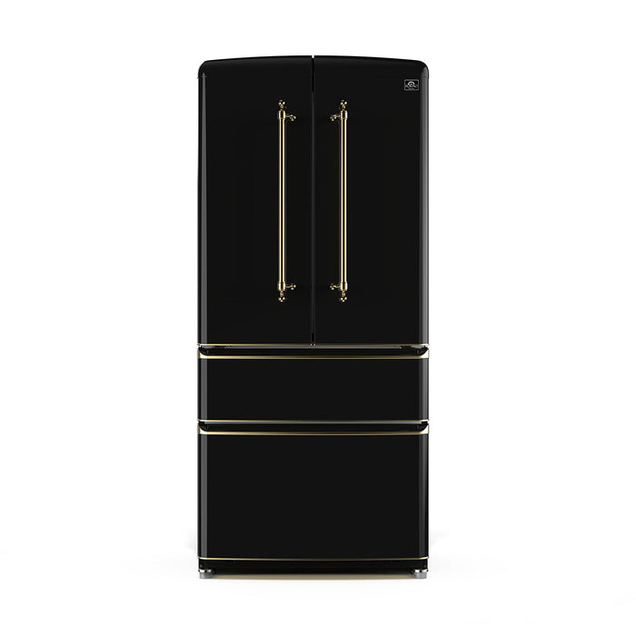 Forno Luigi 18 cu.ft. French Door Refrigerator Black, Antique Brass Handles