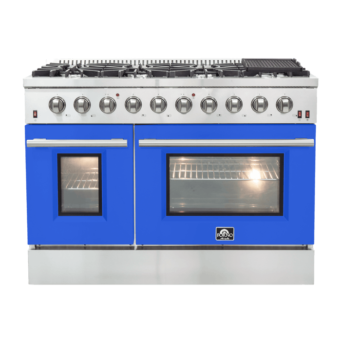 FORNO Galiano 48-inch Gas Range Stainless Steel, 8 Burners, 107,000 BTU, Griddle, 6.58 cu.ft. Double Oven