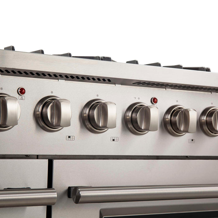 FORNO Galiano 48-inch Gas Range Stainless Steel, 8 Burners, 107,000 BTU, Griddle, 6.58 cu.ft. Double Oven