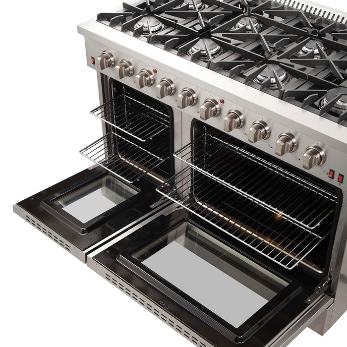 FORNO Galiano 48-inch Gas Range Stainless Steel, 8 Burners, 107,000 BTU, Griddle, 6.58 cu.ft. Double Oven