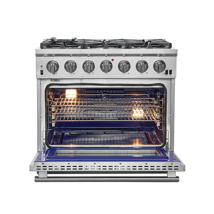 FORNO Capriasca 36-inch Gas Range Stainless Steel, 6 Brass Burners 120,000 BTU, 5.36 cu.ft. Single Oven