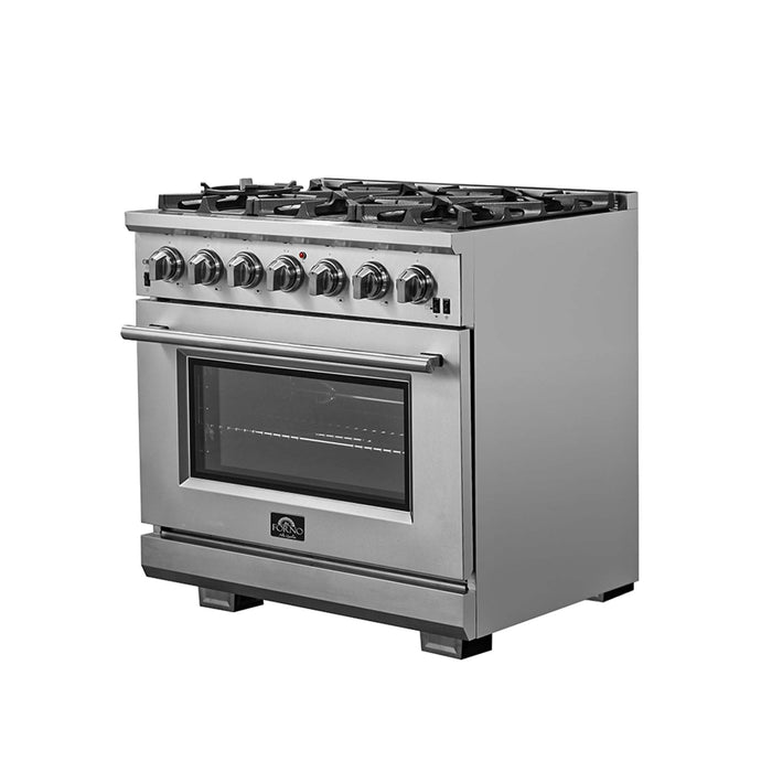 FORNO Capriasca 36-inch Gas Range Stainless Steel, 6 Brass Burners 120,000 BTU, 5.36 cu.ft. Single Oven