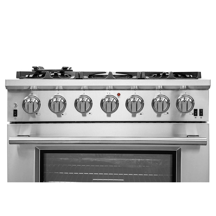 FORNO Capriasca 36-inch Gas Range Stainless Steel, 6 Brass Burners 120,000 BTU, 5.36 cu.ft. Single Oven