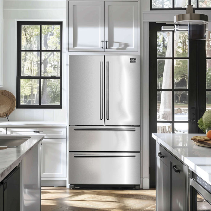 Forno Alta Moena 36" French Door Refrigerator, 19.2 Cu.Ft., Counter Depth, with Ice Maker, Stainless-Steel Interior Panel, and Silver Trim Shelves and Door Bins