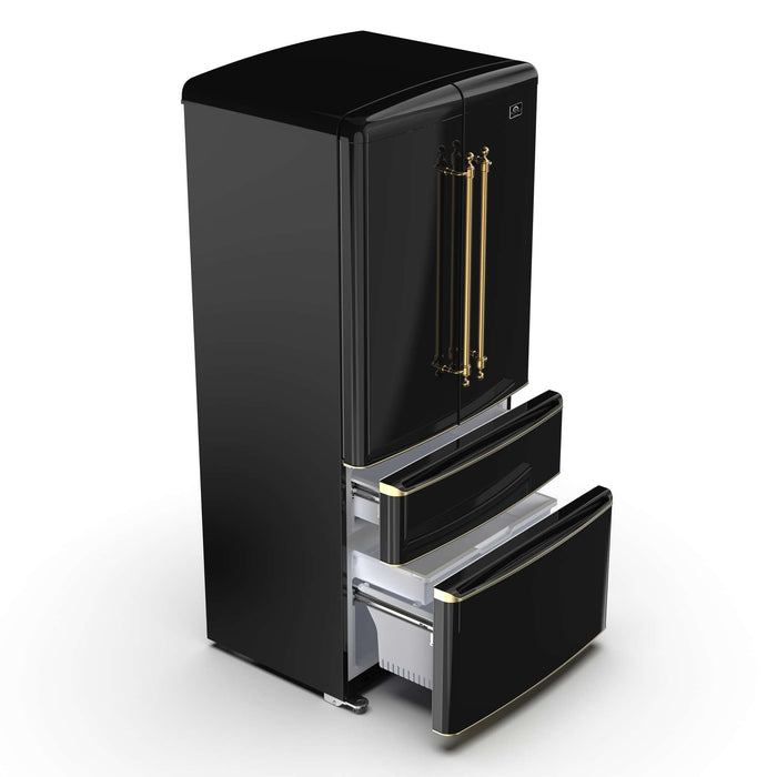 Forno Luigi 18 cu.ft. French Door Refrigerator Black, Antique Brass Handles FORNO