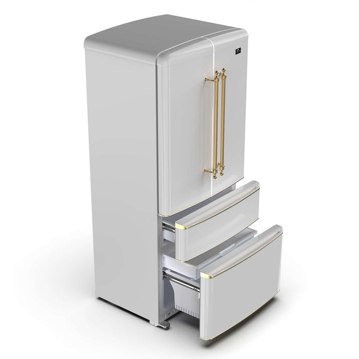 Forno Luigi 18 cu.ft. French Door Refrigerator White, Antique Brass Handles FORNO
