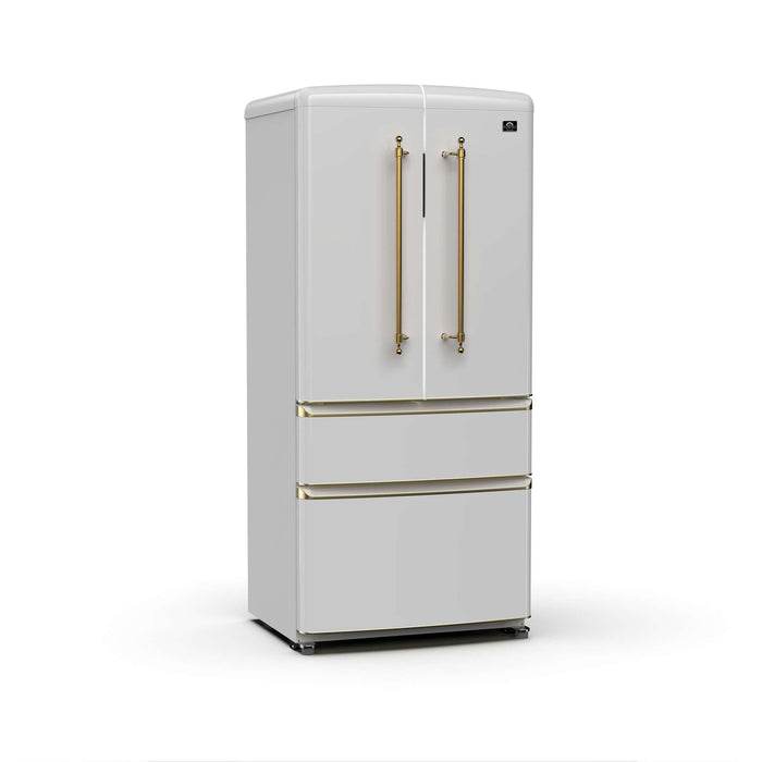 Forno Luigi 18 cu.ft. French Door Refrigerator White, Antique Brass Handles