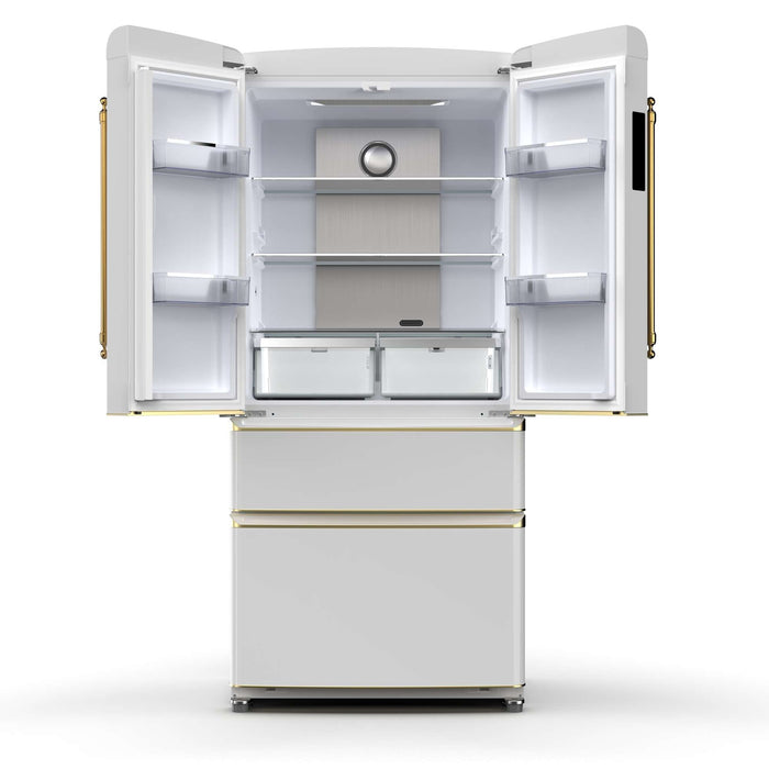 Forno Luigi 18 cu.ft. French Door Refrigerator White, Antique Brass Handles FORNO