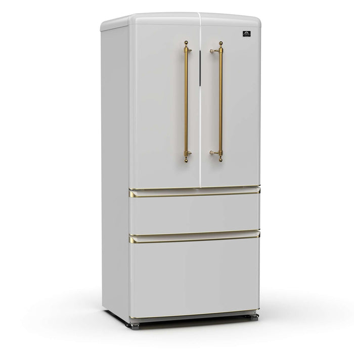 Forno Luigi 18 cu.ft. French Door Refrigerator White, Antique Brass Handles