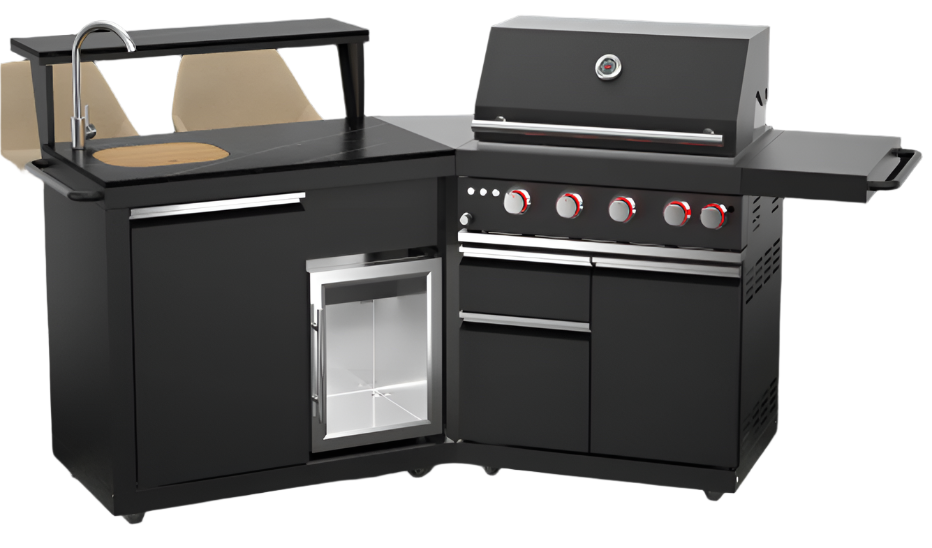 Forno All'Aperto 62,600 BTU BBQ with 3 Stainless-Steel Burners & Infrared Burners & Sink Module with Black Sintered Stone Countertops, Bar & Beverage Center